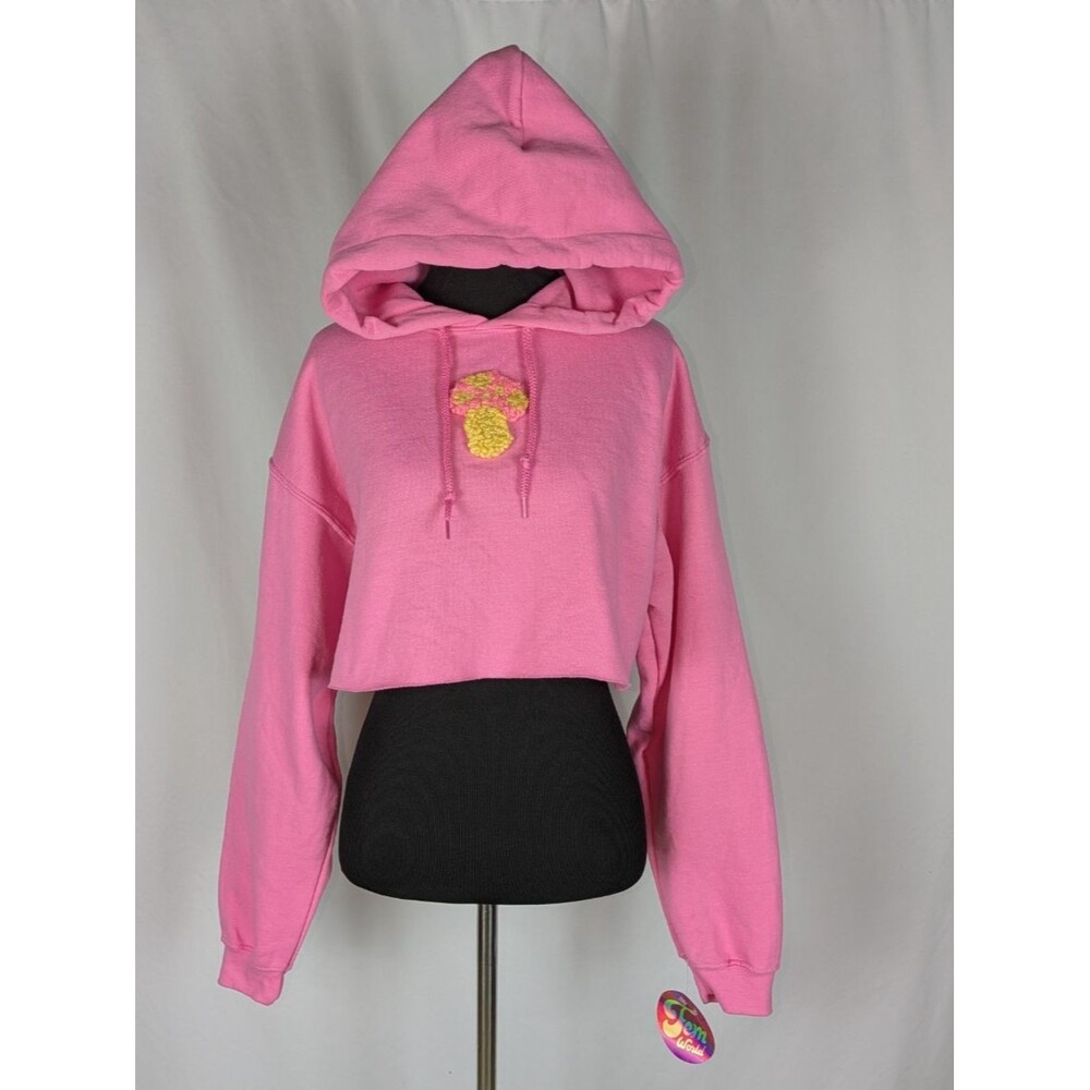 Fem World Hoodie M Women's Pink Mushroom Patch Long Sleeve Cropped Fairy Cottage